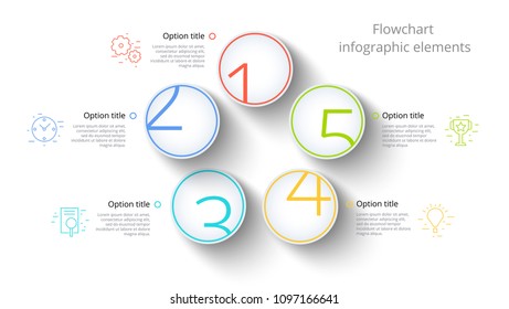 Business process chart infographics with 5 step segments. Circular corporate timeline infograph elements. Company presentation slide template. Modern vector info graphic layout design.