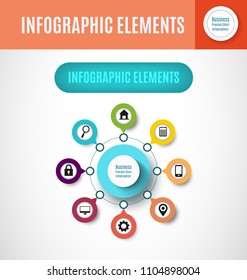 Business process chart infographics with 5 step segments. Circular corporate timeline infographic elements. Company presentation slide template. Modern vector info graphic layout design.