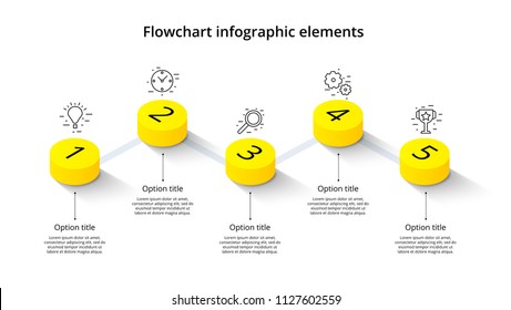 Business Process Chart Infographics With 5 Step Segments. Isometric 3d Corporate Timeline Infograph Elements. Company Presentation Slide Template. Modern Vector Info Graphic Layout Design.