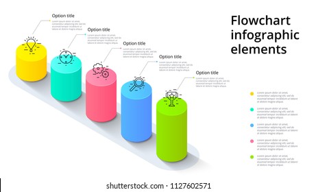 Business process chart infographics with 5 step segments. Cylindric 3d corporate timeline infograph elements. Company presentation slide template. Modern vector info graphic layout design.