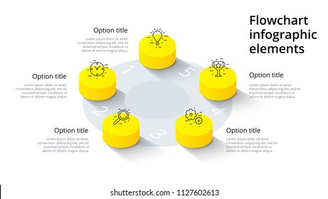 Business process chart infographics with 5 step segments. Isometric 3d corporate timeline infograph elements. Company presentation slide template. Modern vector info graphic layout design.
