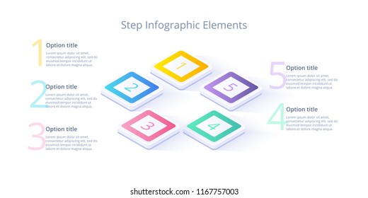 Business process chart infographics with 5 step segments. Isometric 3d corporate timeline infograph elements. Company presentation slide template. Modern vector info graphic layout design.