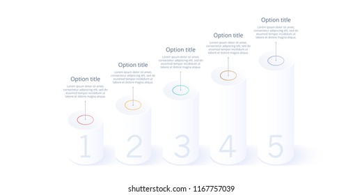 Business process chart infographics with 5 step segments. Isometric 3d corporate timeline infograph elements. Company presentation slide template. Modern vector info graphic layout design.