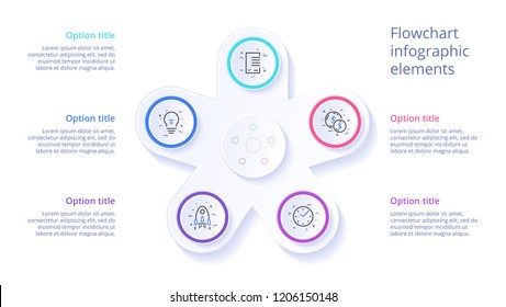 Business process chart infographics with 5 step segments. Circular corporate timeline infograph elements. Company presentation slide template. Modern vector info graphic layout design.