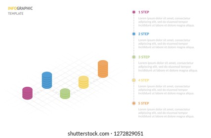 Business process chart infographics with 5 step segments. Cylindric 3d corporate timeline infographic elements. Company presentation slide template. Modern vector info graphic layout design. - Vector