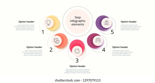 Business process chart infographics with 5 step circles. Circular corporate workflow graphic elements. Company flowchart presentation slide template. Vector info graphic design.