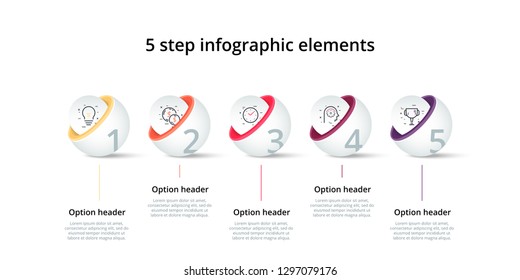Business process chart infographics with 5 step circles. Circular corporate workflow graphic elements. Company flowchart presentation slide template. Vector info graphic design.