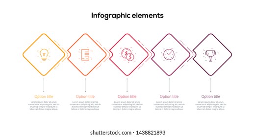 Business process chart infographics with 5 step rombs. Square corporate workflow graphic elements. Company flowchart presentation slide template. Vector info graphic design.