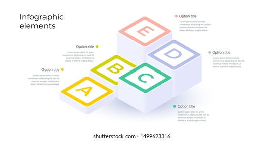 Business process chart infographics with 5 step options. Square corporate workflow graphic elements. Company flowchart presentation slide template. Vector info graphic design.