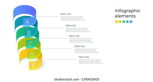 Business process chart infographics with 5 step rings. Circular corporate workflow graphic elements. Company flowchart presentation slide template. Vector info graphic design.