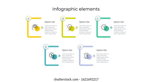 Business process chart infographics with 5 step rectangles. Rectangular corporate workflow graphic elements. Company flowchart presentation slide template. Vector info graphic design.
