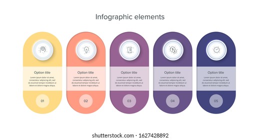 Business process chart infographics with 5 steps in neumorphism design. Circle corporate workflow graphic elements. Company flowchart presentation slide template. Vector info graphic.