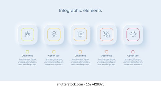 Business process chart infographics with 5 steps in neumorphism design. Sqaure corporate workflow graphic elements. Company flowchart presentation slide template. Vector info graphic.