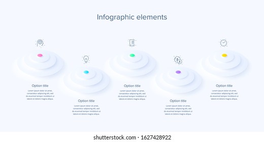 Business process chart infographics with 5 steps in neumorphism design. Circle corporate workflow graphic elements. Company flowchart presentation slide template. Vector info graphic.