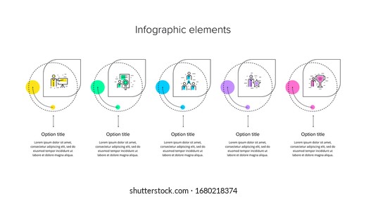 Business process chart infographics with 5 step circles. Circular corporate workflow graphic elements. Company flowchart presentation slide template. Vector info graphic design.