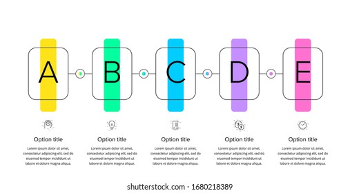 Business process chart infographics with 5 step rectangles. Rectangular corporate workflow graphic elements. Company flowchart presentation slide template. Vector info graphic design.