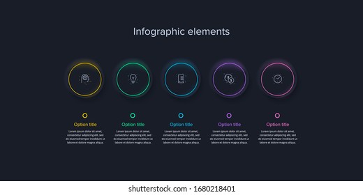 Business process chart infographics with 5 steps in neumorphism design. Circle corporate workflow graphic elements. Company flowchart presentation slide template. Vector info graphic.