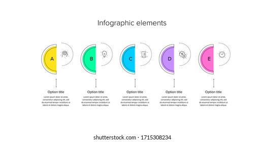 infografías de gráficos de procesos empresariales con círculos de 5 pasos. Elementos gráficos circulares del flujo de trabajo corporativo. Plantilla de diapositiva de presentación del diagrama de flujo de la empresa. Diseño gráfico de información vectorial.