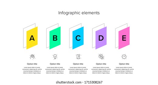 Business process chart infographics with 5 step circles. Circular corporate workflow graphic elements. Company flowchart presentation slide template. Vector info graphic design.