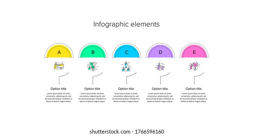 Infografiken zu Geschäftsprozessen mit 5 Stufenkreisen. Circular Corporate Workflow-Grafikelemente. Präsentationsfolienvorlage für Firmendiagramme Vektorgrafik-Design.