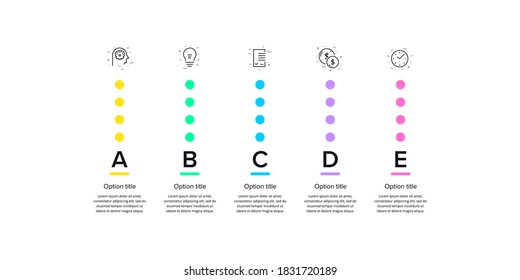 Business process chart infographics with 5 step circles. Circular corporate workflow graphic elements. Company flowchart presentation slide template. Vector info graphic design.