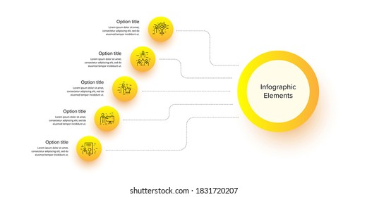 Business process chart infographics with 5 step circles. Circular corporate workflow graphic elements. Company flowchart presentation slide template. Vector info graphic design.