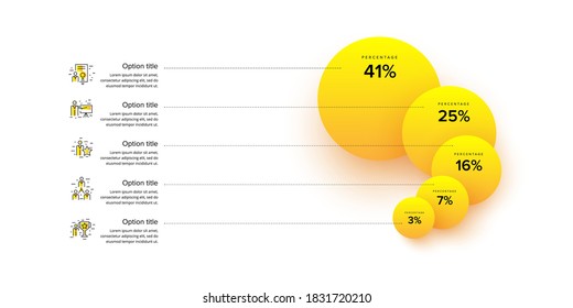 Business process chart infographics with 5 step circles. Circular corporate workflow graphic elements. Company flowchart presentation slide template. Vector info graphic design.