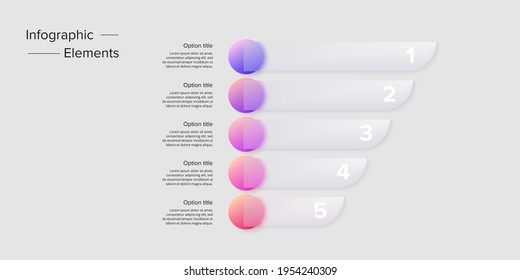 Business Process Chart Infographics With 5 Step Circles. Circular Corporate Workflow Graphic Elements. Company Flowchart Presentation Slide. Vector Info Graphic In Glassmorphism Design.