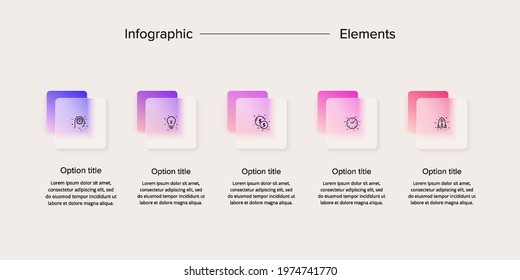 Business process chart infographics with 5 step squares. Rectangular corporate workflow graphic elements. Company flowchart presentation slide. Vector info graphic in glassmorphism design.