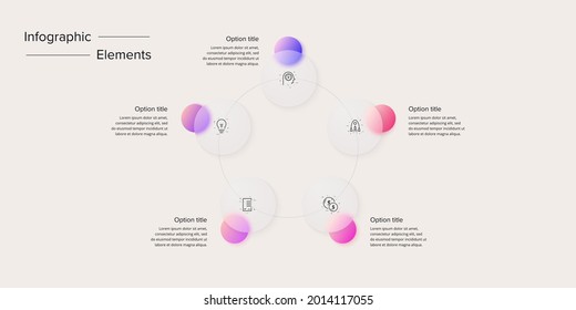 Business Process Chart Infographics With 5 Step Circles. Circular Corporate Workflow Graphic Elements. Company Flowchart Presentation Slide. Vector Info Graphic In Glassmorphism Design.