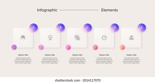 Business process chart infographics with 5 step squares. Rectangular corporate workflow graphic elements. Company flowchart presentation slide. Vector info graphic in glassmorphism design.