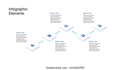 infografías de la gráfica de procesos empresariales con cubos de 5 pasos. Elementos gráficos de flujo de trabajo corporativo cúbico. diapositiva de presentación del diagrama de flujo de la empresa. Gráfico informativo vectorial en diseño isométrico.