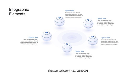 infografías de la gráfica de procesos empresariales con esferas de 5 pasos. Elementos gráficos de flujo de trabajo corporativo esférico. diapositiva de presentación del diagrama de flujo de la empresa. Gráfico informativo vectorial en diseño isométrico.