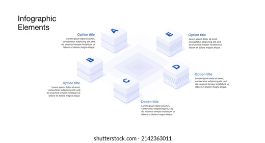 Business process chart infographics with 5 step cubes. Cubic corporate workflow graphic elements. Company flowchart presentation slide. Vector info graphic in isometric design.