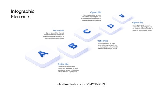 Business process chart infographics with 5 step cubes. Cubic corporate workflow graphic elements. Company flowchart presentation slide. Vector info graphic in isometric design.