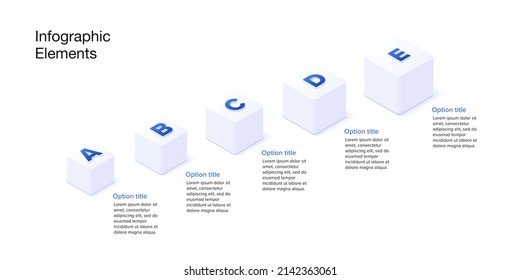 Infografiken zu Geschäftsprozessen mit 5 Schrittwürfeln. Cubic Corporate Workflow-Grafikelemente. Präsentation des Firmendiagramms Vektorgrafik in isometrischem Design.