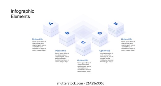 Business Process Chart Infographics With 5 Step Cubes. Cubic Corporate Workflow Graphic Elements. Company Flowchart Presentation Slide. Vector Info Graphic In Isometric Design.