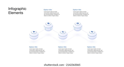 Business process chart infographics with 5 step spheres. Spherical corporate workflow graphic elements. Company flowchart presentation slide. Vector info graphic in isometric design.