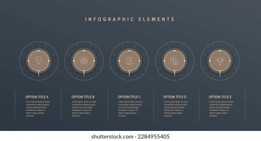infografías de la gráfica de procesos empresariales con círculos de 5 pasos. Elementos gráficos de flujo de trabajo de redondeo. diapositiva de presentación del diagrama de flujo de la empresa. Gráfico informativo vectorial en diseño plano