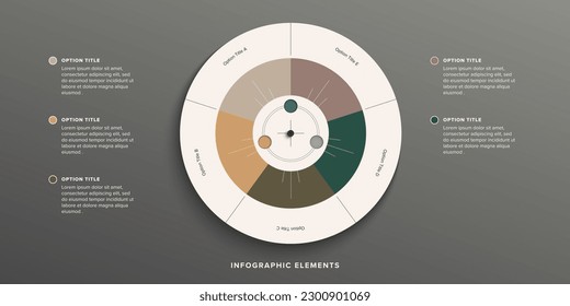 Business process chart infographics with 5 step circles. Round workflow graphic elements. Company flowchart presentation slide. Vector info graphic in flat design