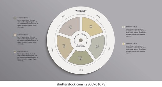 infografías de la gráfica de procesos empresariales con círculos de 5 pasos. Elementos gráficos de flujo de trabajo de redondeo. diapositiva de presentación del diagrama de flujo de la empresa. Gráfico informativo vectorial en diseño plano
