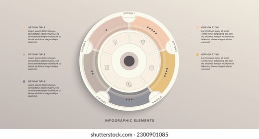 Business process chart infographics with 5 step circles. Round workflow graphic elements. Company flowchart presentation slide. Vector info graphic in flat design