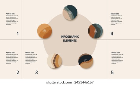 Business process chart infographics with 5 step circles. Round workflow graphic elements. Company flowchart presentation slide. Vector info graphic in flat design