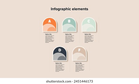 Business process chart infographics with 5 step circles. Round workflow graphic elements. Company flowchart presentation slide. Vector info graphic in flat design