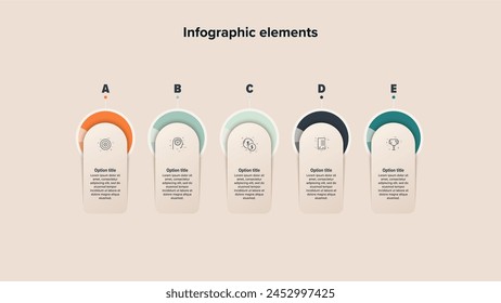 Business process chart infographics with 5 step circles. Round workflow graphic elements. Company flowchart presentation slide. Vector info graphic in flat design