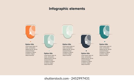 Business process chart infographics with 5 step squares. Rectangular workflow graphic elements. Company flowchart presentation slide. Vector info graphic in flat design