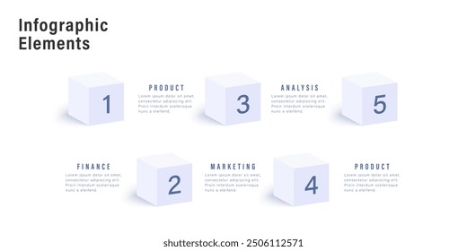 Infografías de gráficos de procesos de negocio con 5 cubos de pasos. Elementos gráficos de flujo de trabajo corporativo cúbico. Diapositiva de presentación del diagrama de flujo de la empresa. Gráfico de información de Vector en diseño isométrico