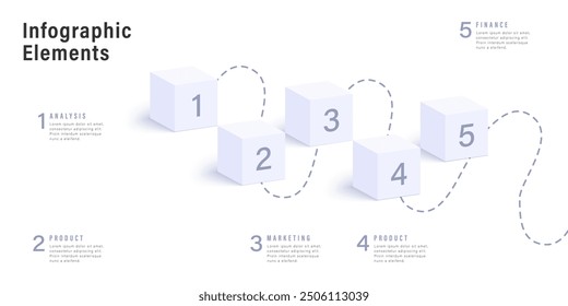 Business process chart infographics with 5 step cubes. Cubic corporate workflow graphic elements. Company flowchart presentation slide. Vector info graphic in isometric design