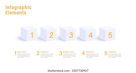 Business process chart infographics with 5 step cubes. Cubic corporate workflow graphic elements. Company flowchart presentation slide.