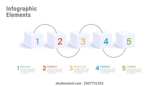 Infografías de gráficos de procesos de negocio con 5 cubos de pasos. Elementos gráficos de flujo de trabajo corporativo cúbico. Diseño de infografías de Vector